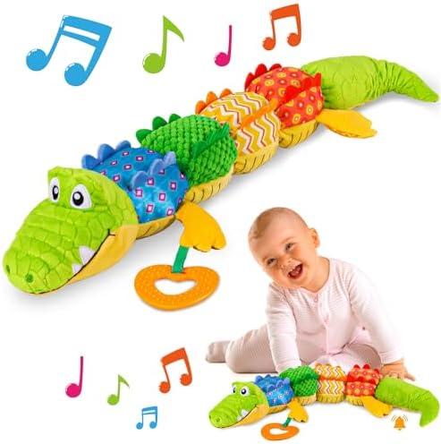 Sumobaby Infant Baby Musical Stuffed Animal Activity Soft Toys with Teether, Multi-Sensory Crinkle, Rattle and Textures, for Tummy Time Newborn 0-3-6-12 Months Boys, Girls, Crocodile (Alligator)