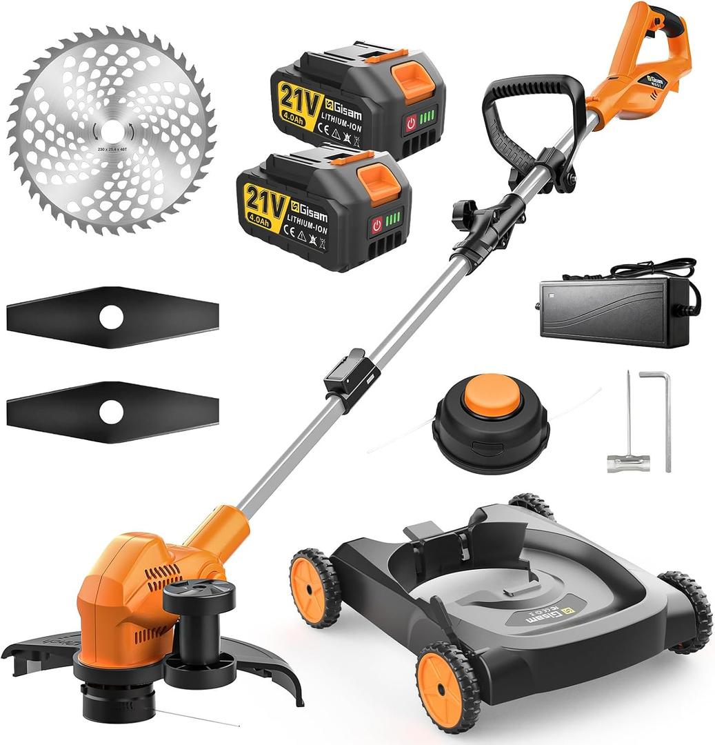 18.9" Cordless Lawn Mower, String Trimmer & Wheeled Edger 3-in-1 Combo, Brushless 2 * 4.0Ah Batteries, 3 Blades, Adjustable Height & Angle Electric Weed Eater and Lawnmower