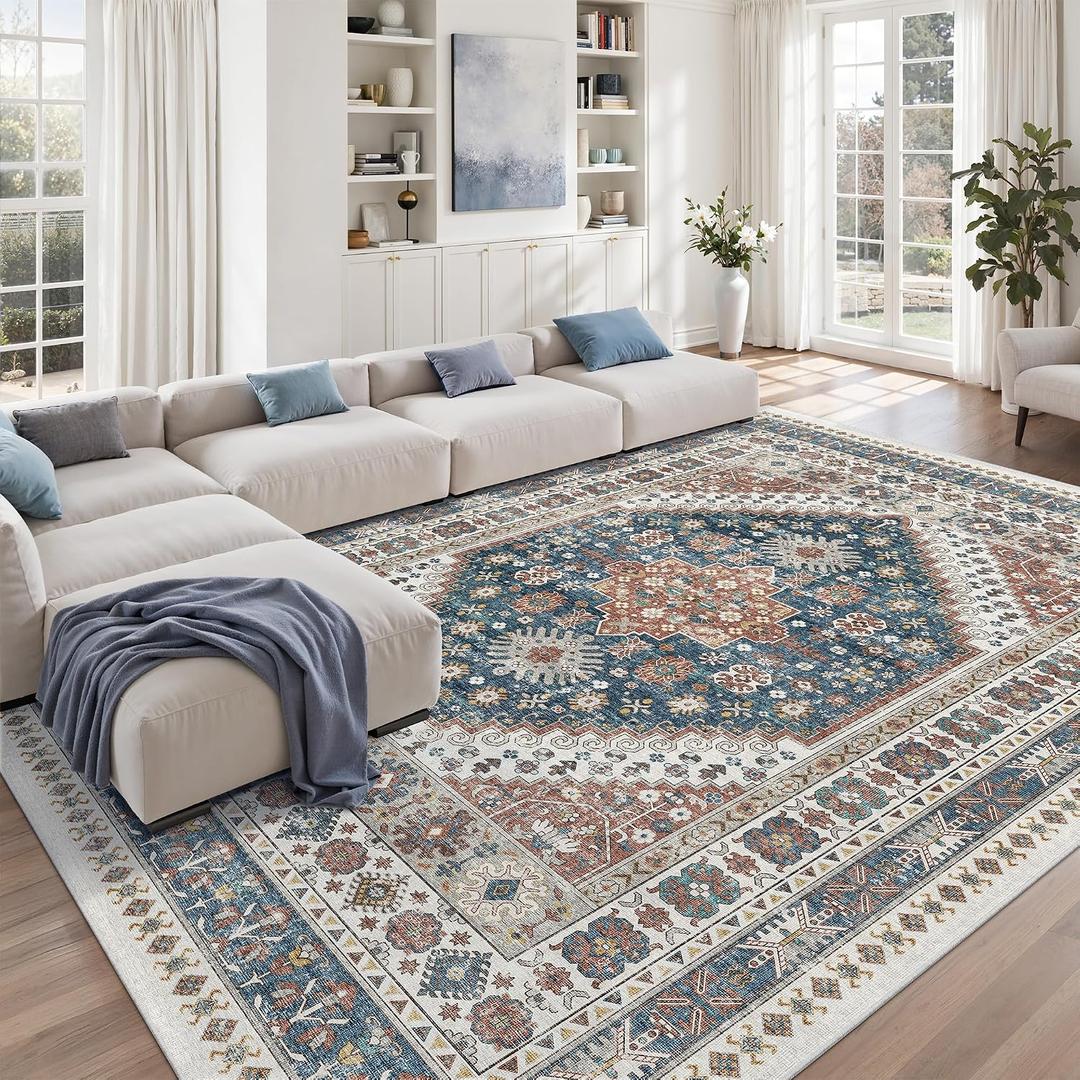 zesthome 9x12 Area Rugs,Stain Resistant Washable Rug,Ultra-Thin Rugs for Living Room,Bedroom,Non-Slip Backing Home Decor Large Area Rug (Navy Blue/Red,9'x12')