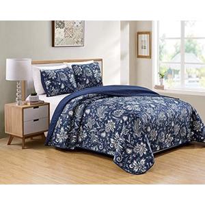Luxury Home Collection 3 Piece King/California King Quilted Reversible Coverlet Bedspread Set Floral Printed Navy Blue White Gray