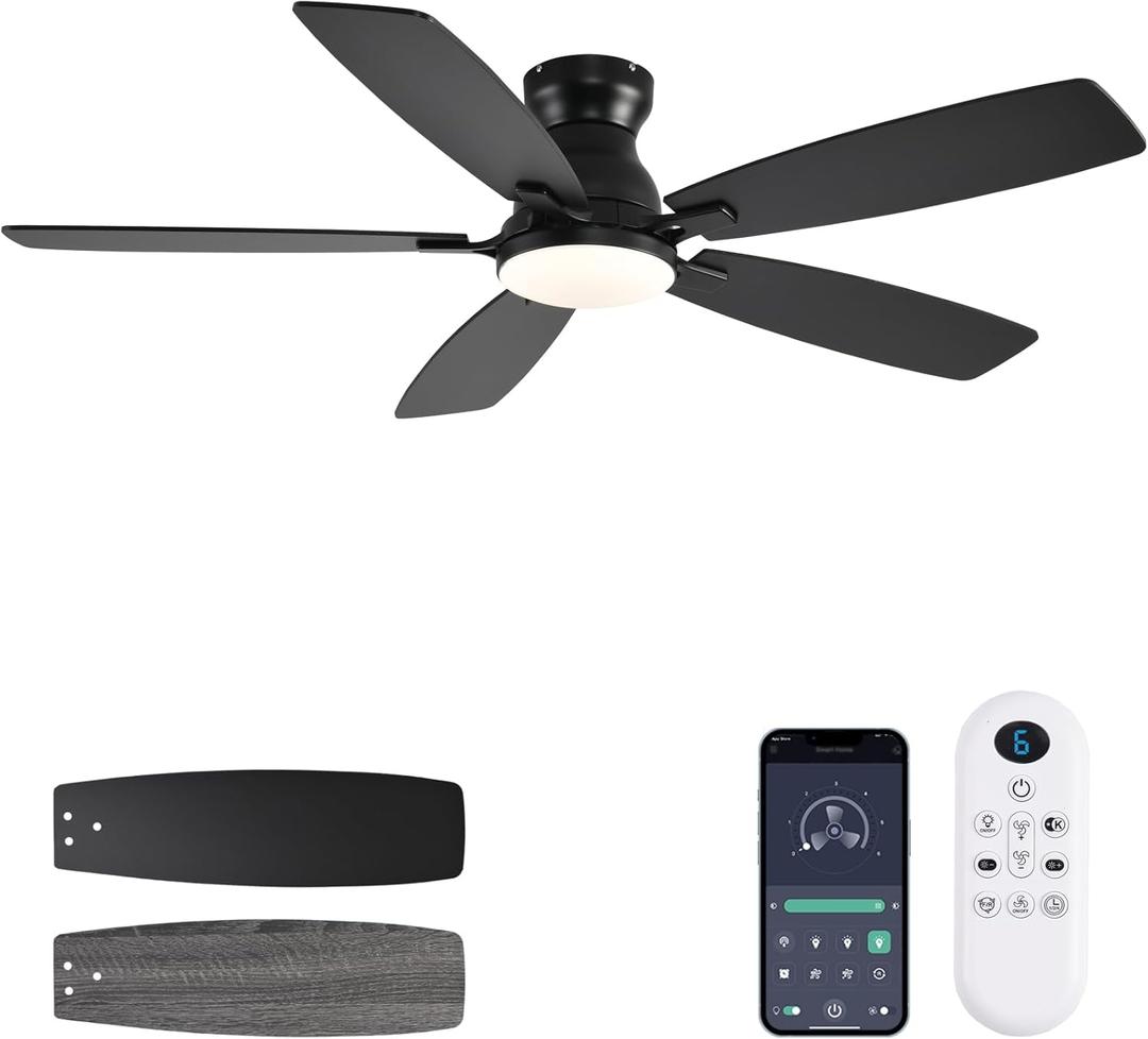 Ceiling Fans with Lights, 52" Low Profile Indoor Ceiling Fan with Light and Remote Control, Dimmable, Noiseless, Reversible, Black Ceiling Fan for Bedroom, Indoor/Outdoor Use