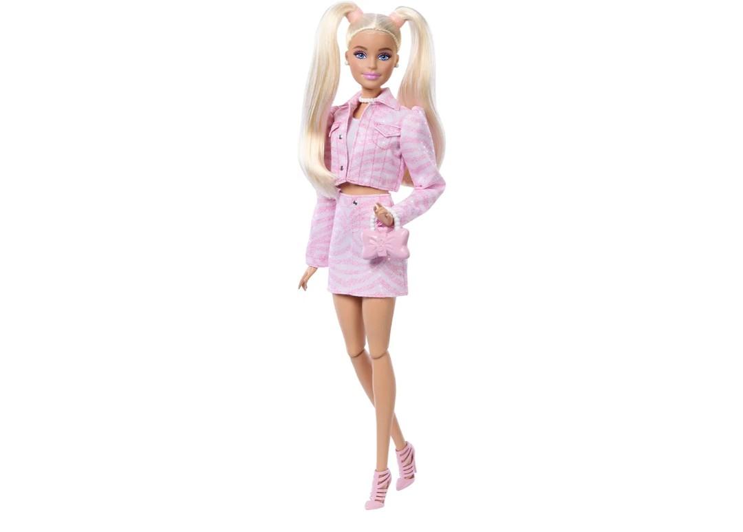 Barbie Deluxe Style Doll #9 in Pink Denim Outfit, Blonde Hair, Matching Jacket and Skirt Set with Accessories Like Bow Clutch and Pearly Jewelry