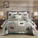 Finlonte Quilts Queen Size, 100% Cotton Queen Size Quilt, Lodge Cabin Farmhouse Queen Quilt, Grayish Brown Green Plaid Lightweight Soft Quilted Bedspread Sets for All Season, 3 Pieces