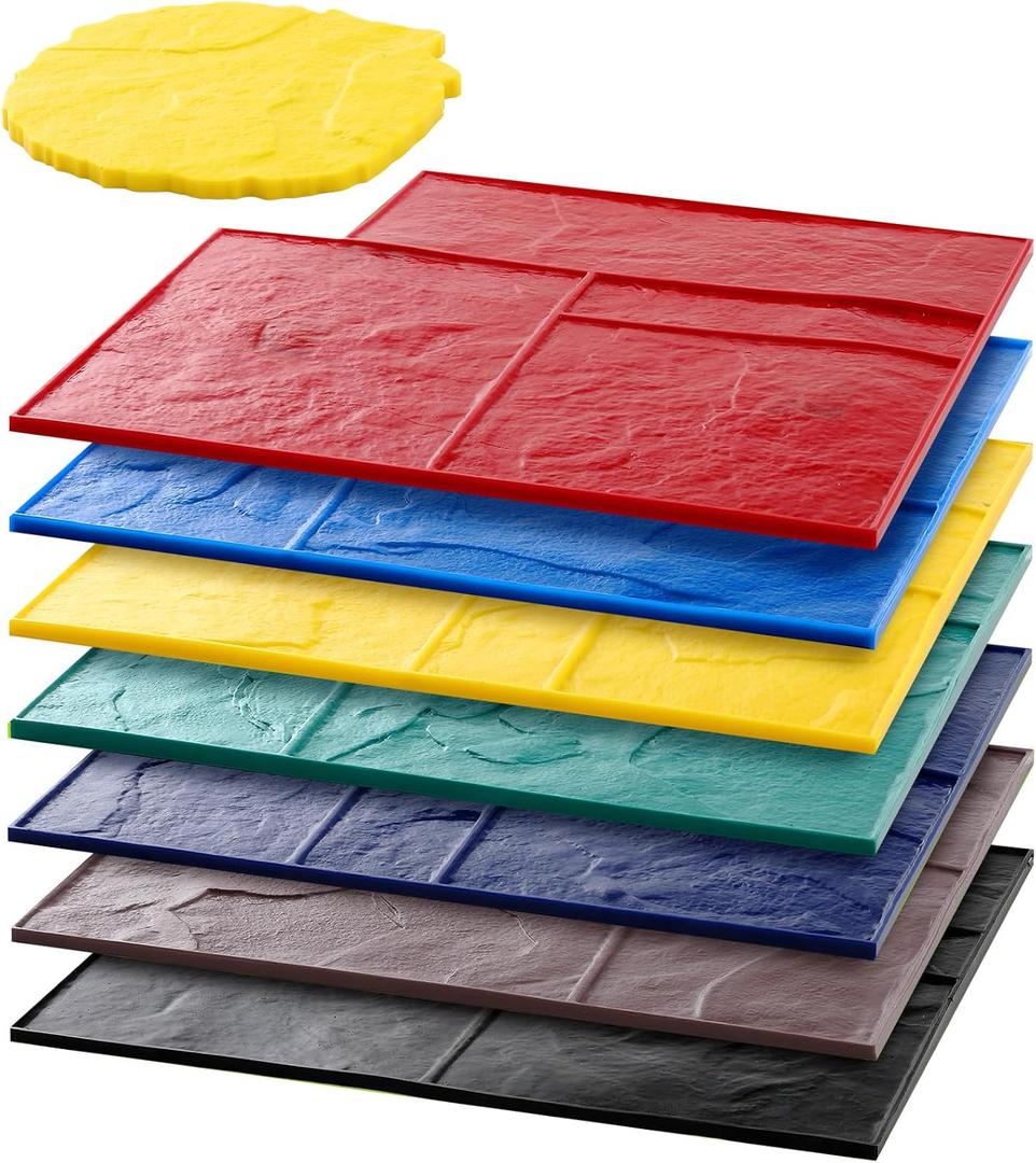 AmazingSpark 8 Pcs Concrete Stamping Mats Set, Concrete Texture Mat Polyurethane Reusable Slate Stamp Soft Hard Molds with Handles Durable for Patio Wall Floors Driveways Walkways (Square,7 Colors)