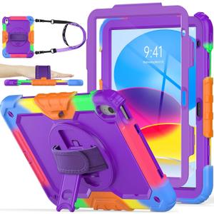 SEYMAC stock Case for iPad (A16) 11th/10th Generation 11''/10.9'' 2025/2022, Full-Body Drop Protection Case with Screen Protector &360 Rotate Hand Strap/Stand, Purple+Colorful
