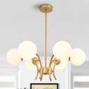 6-Light Gold Sputnik Chandeliers, Globe White Glass Shade Pendant Light Fixture, Mid-Century Modern Chandeliers for Bedroom Living Room Hallway Dining Room Kitchen