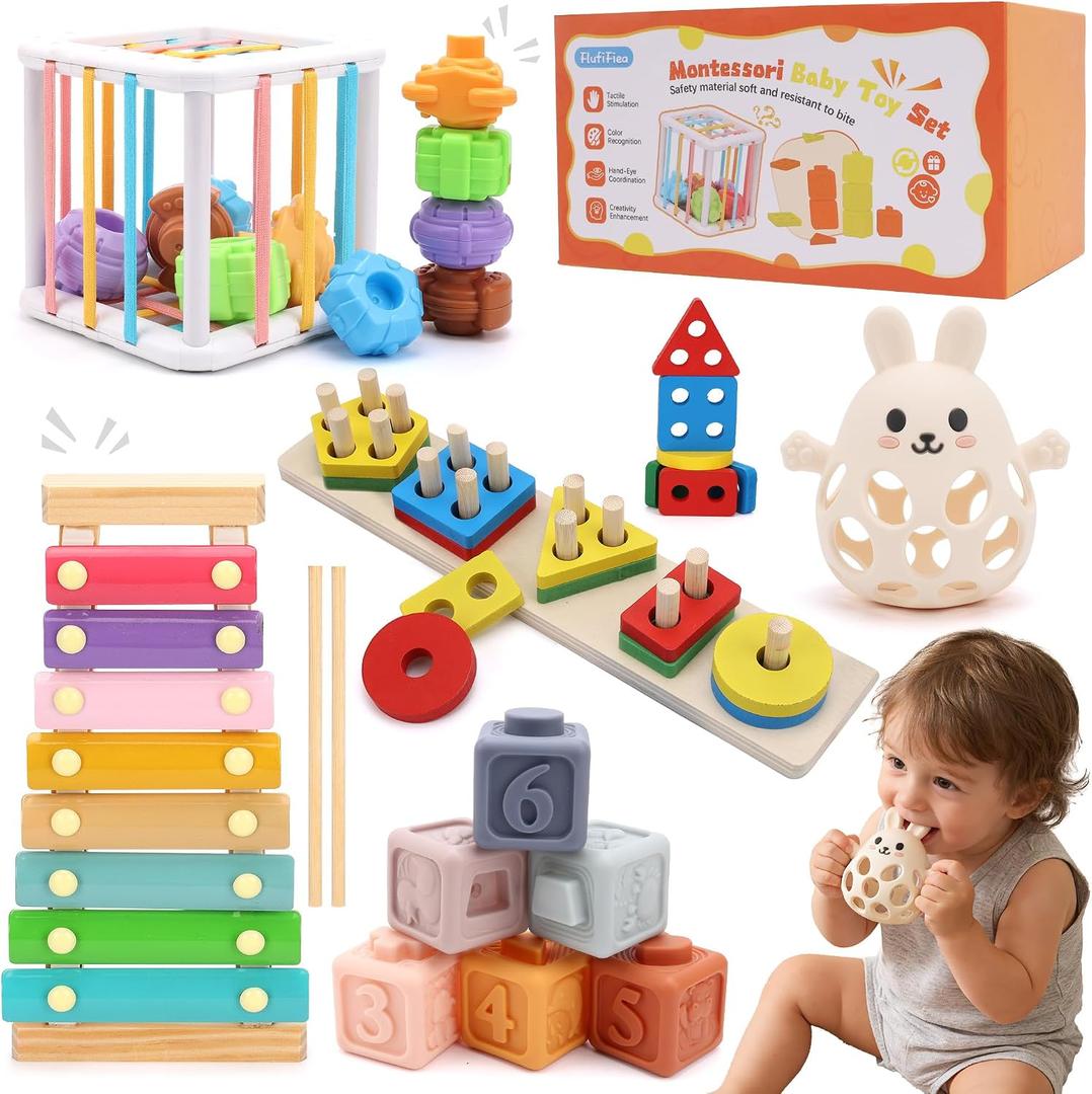 Baby Toys for 6-18 Months, 5-in-1 Montessori Educational Toy Set with Soft Teething Toy Stacking Blocks Rings Sensory Bin, Sorting Sensory Educational Learning Gift for Toddlers Aged 1-3