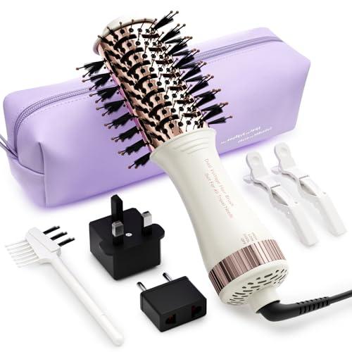 4-in-1 Travel Dual Voltage Hair Dryer Brush Blow Dryer Brush,Portable 2 inch Mini Hot Air Brush,Travel Hair Styler/Volumizer/Straightener/Curler,110-240V European Blow Dry Brush with EU&UK Plug
