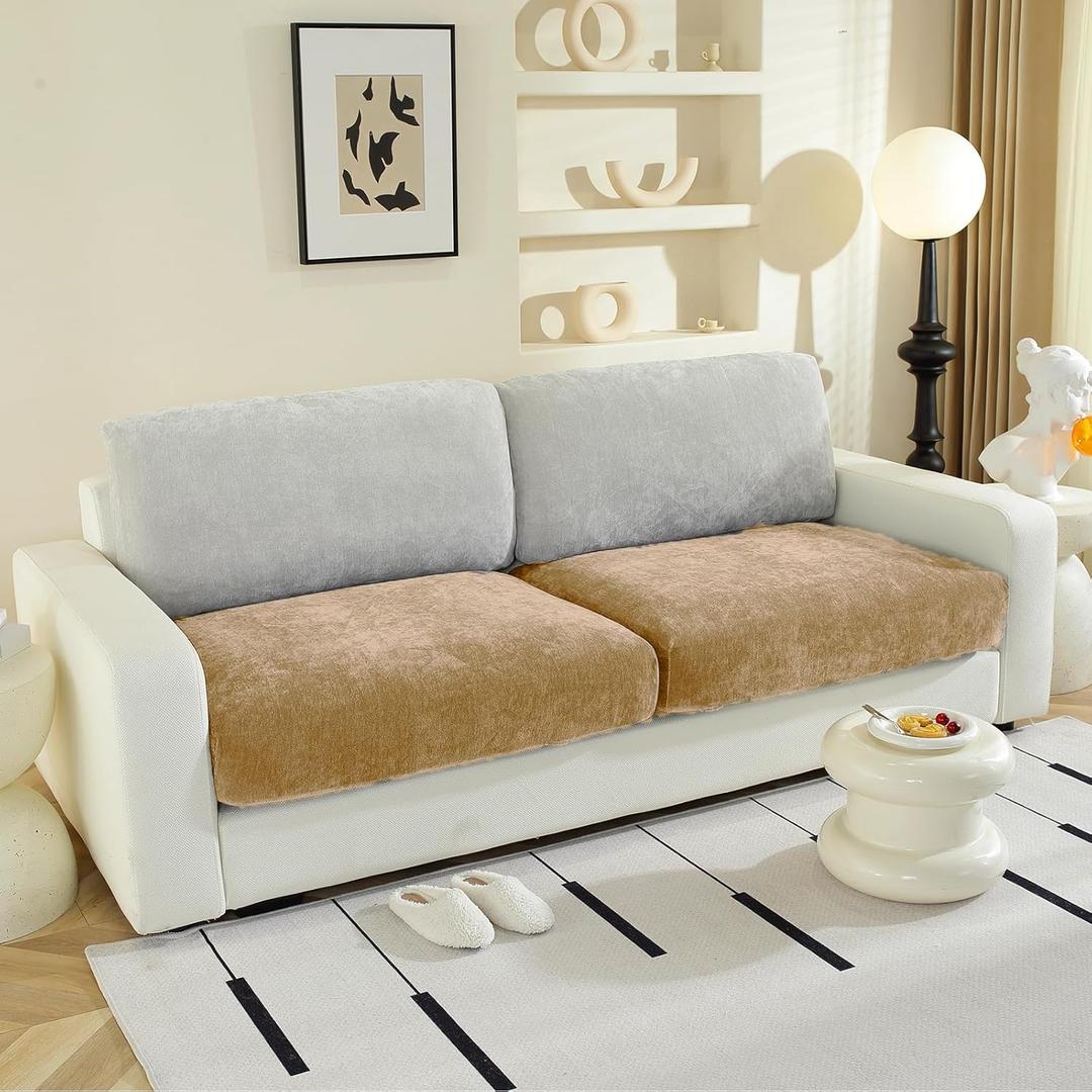 Couch Cushion Covers Individual Large Super Stretch Chenille (Softer Version) Sofa Cushion Covers, Couch Seat Covers Couch Slipcovers Furniture Protector (2PC, Khaki)