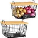 2 Set XXL Stackable Wire Basket with Bamboo Tops & Tag- Pantry Organizer and Storage Bins, Kitchen Counter Cabinet Shelf Countertop Under Sink Organizing, Food Snack Produce Onion Potato Bread Storage
