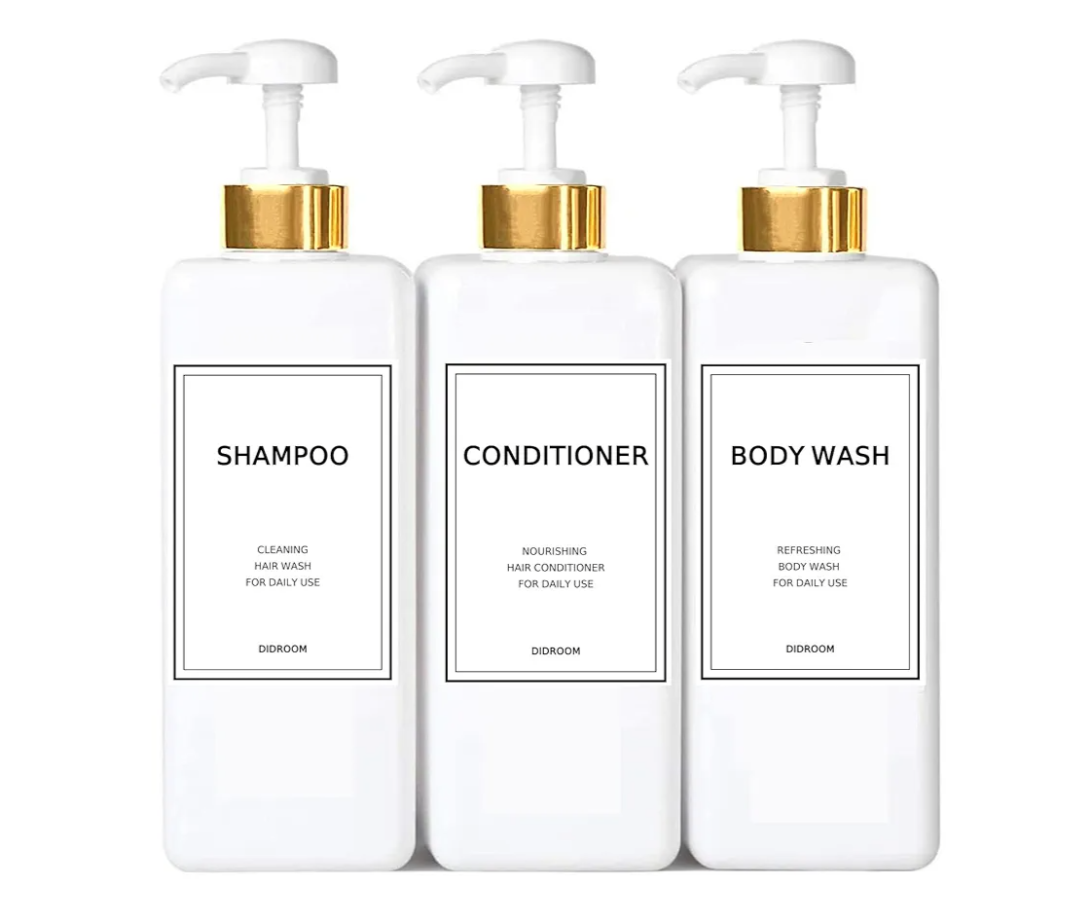 DIDROOM Modern Gold Shampoo and Conditioner Dispenser (21 oz,Pack of 2) Refillable Pump Bottle Set Empty Shower Plastic Bottles with for Bathroom Body Wash Soap Shower,3 Types Labels,Gold&white