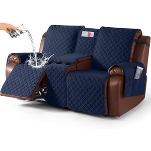 KinCam 100% Waterproof Recliner Loveseat Cover with Console, Non-Slip Reclining Couch Covers for 2 Seat, Recliner Sofa Cover Furniture Protector with Elastic Straps for Kids, Pets, Dark Blue