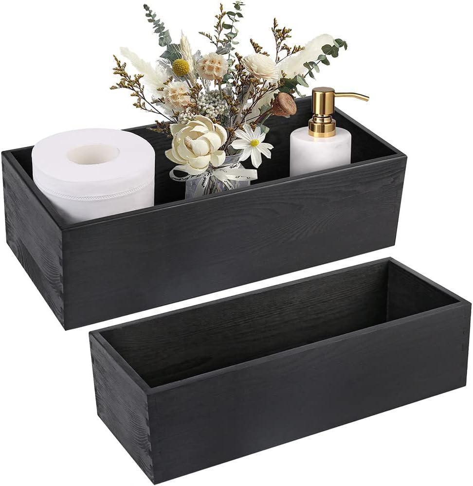 LotFancy Bathroom Decor Box, 2 Pack Wooden Toilet Paper Holder, Black Toilet Tank Storage Basket, Farmhouse Rustic Back of Toilet Tray