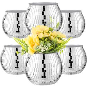 6 Pcs Disco Ball Vase Disco Ball Planter for Centerpieces Disco Ball Decor Flower Vase with Silver Mirror Glass for Wedding, Birthday, Party (4" X 4.7")