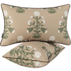 MIULEE Decorative Floral Outdoor Lumbar Pillow Covers with Inserts Set of 2 12x20,Waterproof Vintage Fade Resistant Patio Throw Pillows with Piping for Spring Summer Garden Couch Sofa,Brown