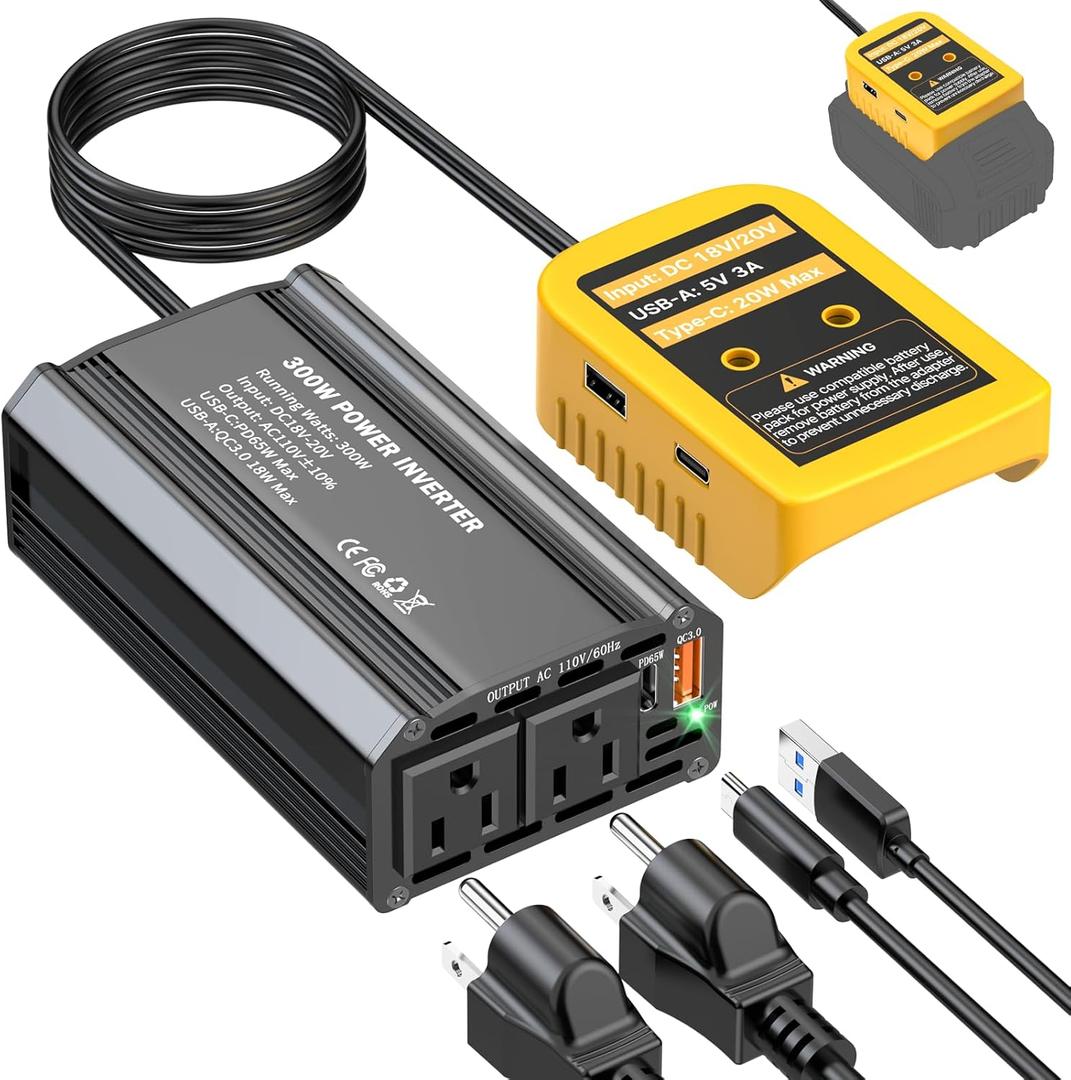 TANHEYIN 300W Power Inverter Compatible with Dewalt 20V Battery - DC 20V to AC 110V Battery Converter, Portable Power Station with PD 65W Type-C Fast Charging & 2 AC Outlet & 2 USB-A & 1 Type-C 20W