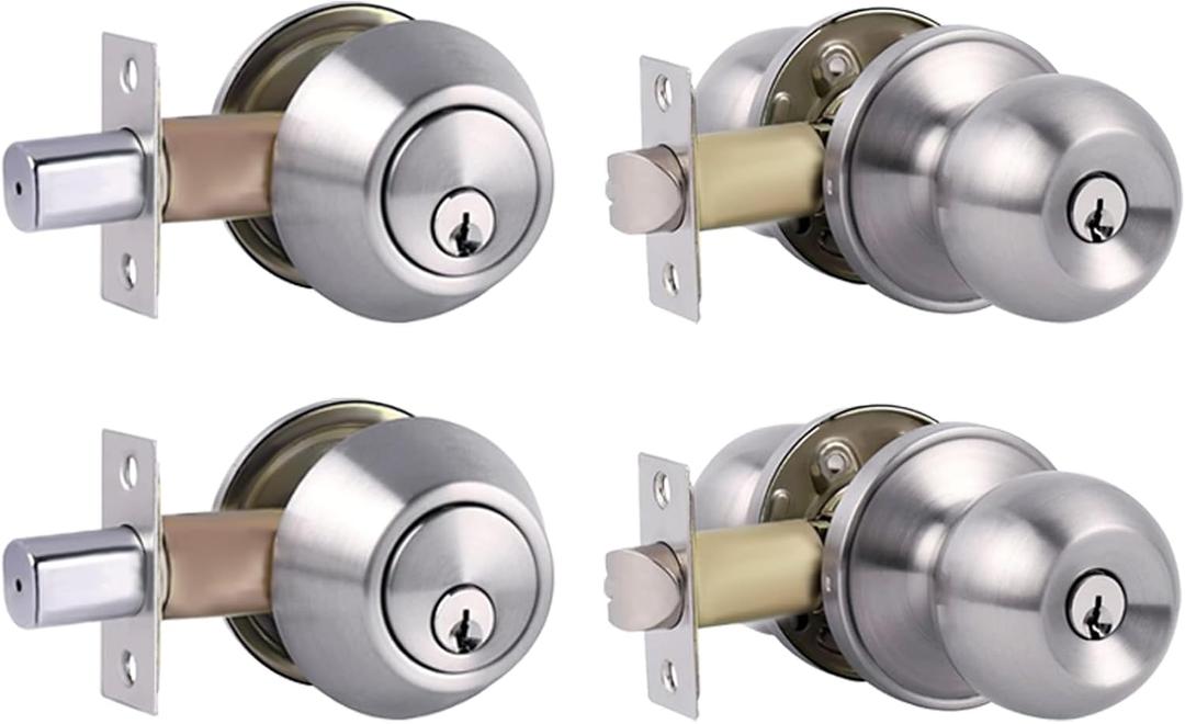 Single Cylinder Deadbolt Lock and Door Knob with Lock, Keyed Alike Door Locks for Front Door(Satin Nickel,2pack-Set)