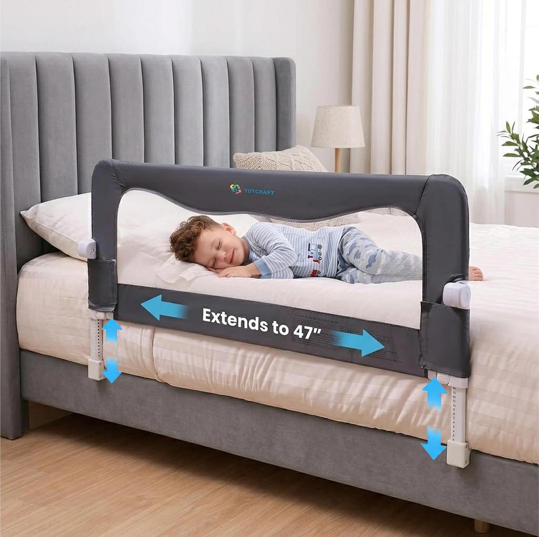 TotCraft Toddler Bed Rail Guard ASTM F3222 Certified – Fits Twin, Full, Queen & King Beds – Universal Fit Bed Rail for Toddlers for Slatted Frames & Box Springs – 35.5"/47" L x 20.5"-25.6" H (Grey)
