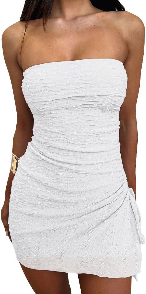 GOKATOSAU Women's Floral Strapless Fold Over Neckline Split Drawstring Bodycon Ruched Mini Dress White (White, XL)