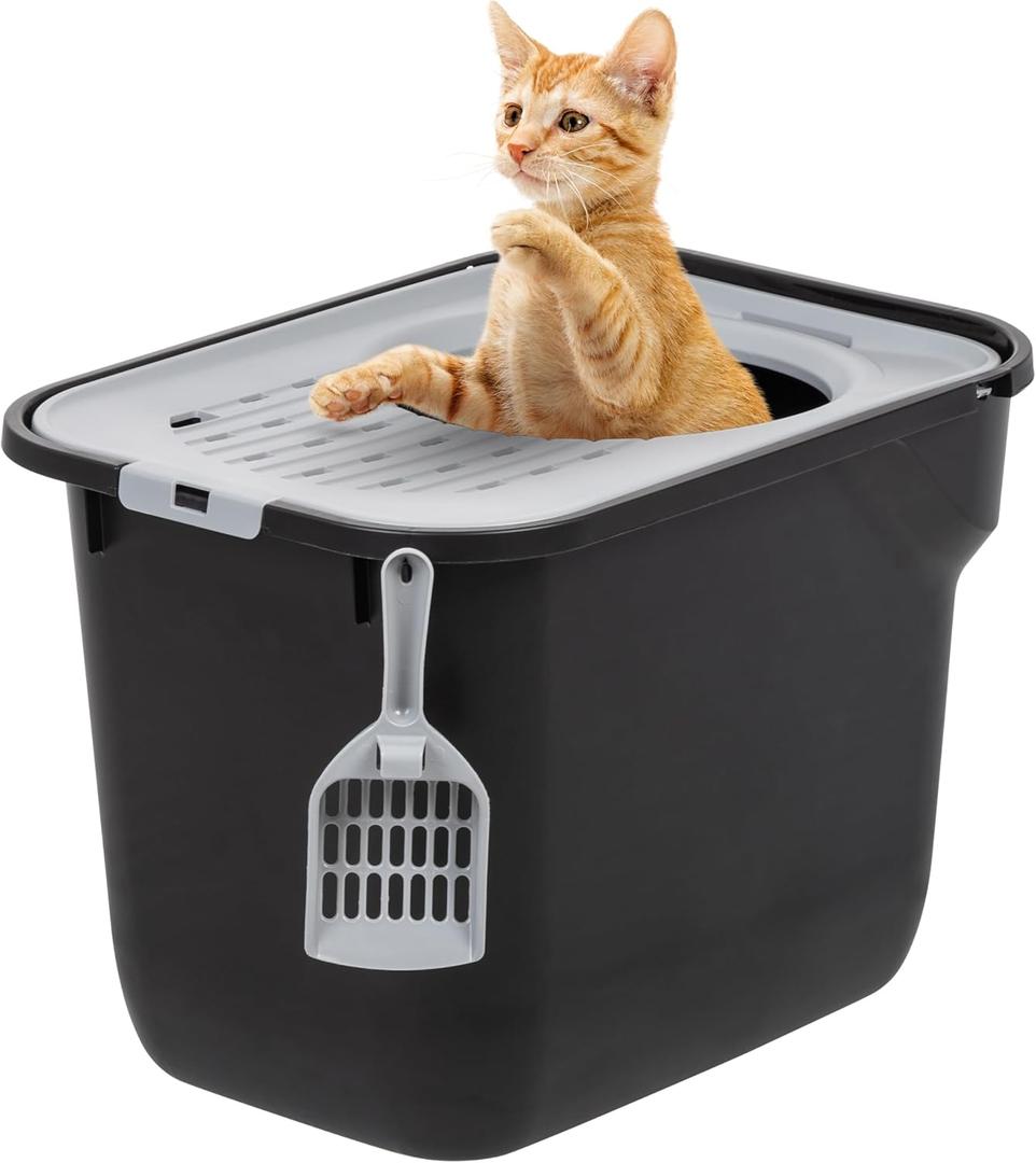 IRIS USA Cat Litter Box, Top Entry with Scoop, Large Cat Enclosure, Kitty Box, with Litter Catching Lid, Black/Gray