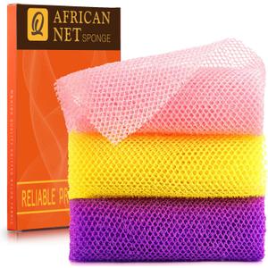 UJFQBH 3 Pieces African Bath Sponge African Net Long Net Bath Sponge Exfoliating Shower Body Scrubber Back Scrubber Skin Smoother,Great for Daily Use (Pink,Yellow,Purple)