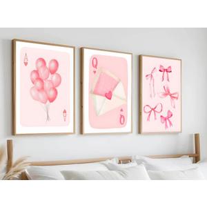 4 x 3 Pcs Fashion Pink Bow Canvas Wall Art Preppy Girly Aesthetic Painting Picture Wall Decor Balloon Envelope Poster Prints for College Apartment Girls Bedroom Living Room Home Decor (Poster 16x24 Inch)