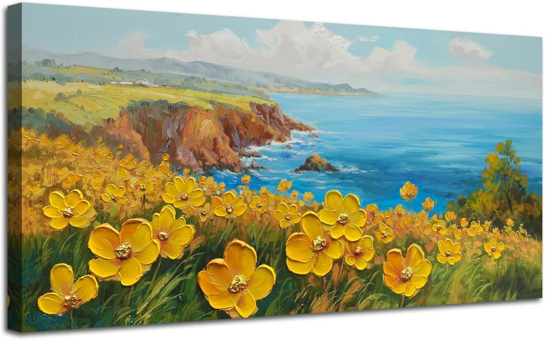 Acocifi Wall Art Bedroom Textured Artwork for Walls Large Wall Painting Living Room Decor, Coastal Floral Landscape Canvas Picture, Artwork Home Office Wall Decoration 40"x20" (yellow flowers)