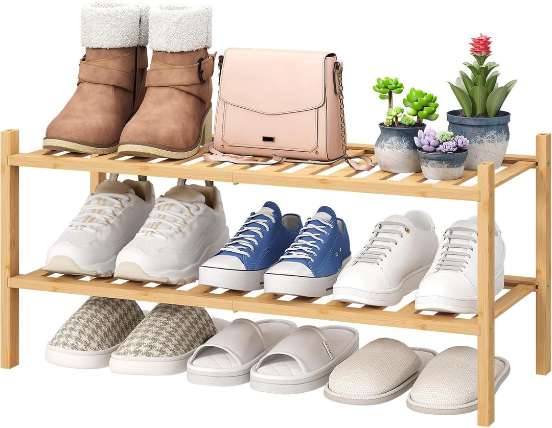 viewcare 2-Tier Bamboo Shoe Rack for Entryway, Bamboo Wood Shoe Organizer for Hallway Closet, Free Standing Shoe Racks for Indoor Outdoor