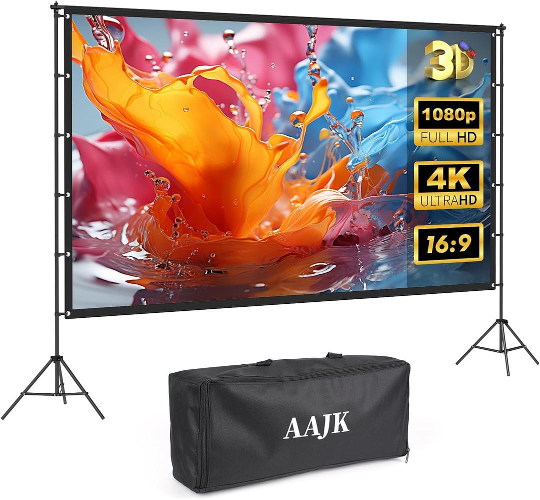 AAJK 120in Outdoor Projector Screen with Stand,Portable 16:9 4K HD Indoor Outdoor Projection Screen with Wrinkle-Free Design, Ideal for Home Theater and Backyard Cinema Includes Carry Bag
