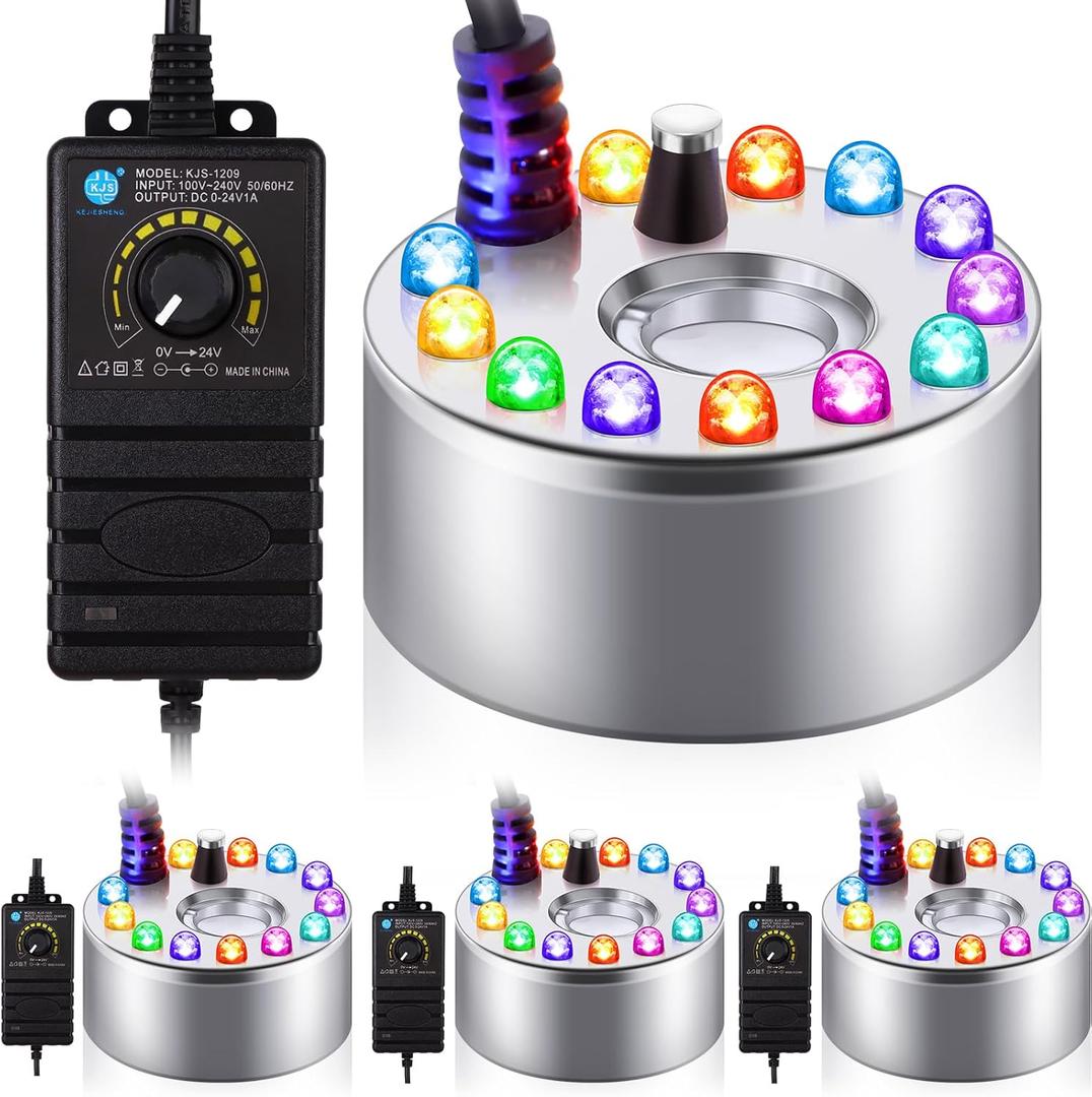 4 Pcs Halloween Mist Maker Fogger with Adjustable Fog Controller Small Ultrasonic Fog Machine Fountain Cauldron Water Garden Pond Foggers with 12 LED Light Flashes for Halloween Party