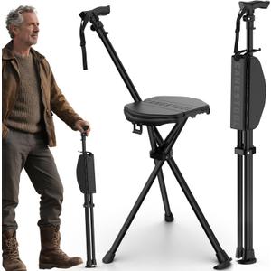 Portable Walking Cane with Seat: 330 lbs Capacity Height-Adjustable Folding Walking Stick with Seat - Lightweight Aluminum Cane Chair for Camping, Climbing, Hiking, Adults, Seniors