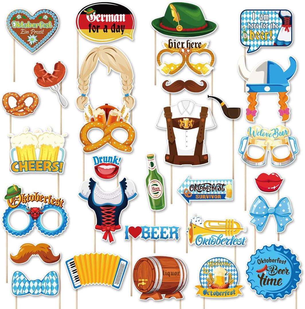 30Pcs The Munich Oktoberfest Photo Booth Props, German Oktoberfest Selfie Props, Funny Germany Party Supplies, Sausage Beer Gold Dress Leather Pants Theme Backdrop Decorations