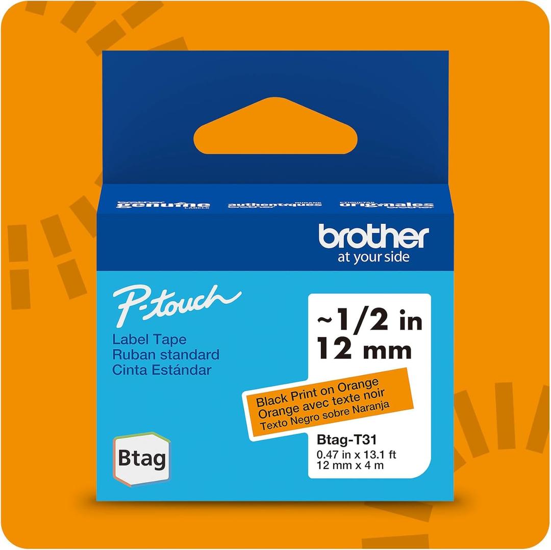 Brother Genuine P-Touch Btag BTAGT31 Black on Orange Label Tape ~1/2in by 13.1ft (12mm x 4m)
