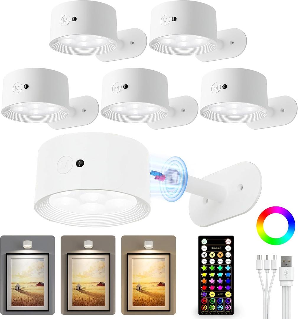 Picture Lights for Wall, 2000mAh Rechargeable Magnetic Art Lights with 3 Color Temps & RGB, Remote Dimmable Battery Operated Wall Light for Bedroom, Living Room, Gallery (White, 6 Pack)