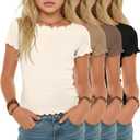 YooAurvox 4 Pack Girls Short Sleeve Shirts Lettuce Trim Boat Neck Knit Tops Slim Casual Basic Tee(Apricot, Light Camel, Coffee, Black,5-6 Years)