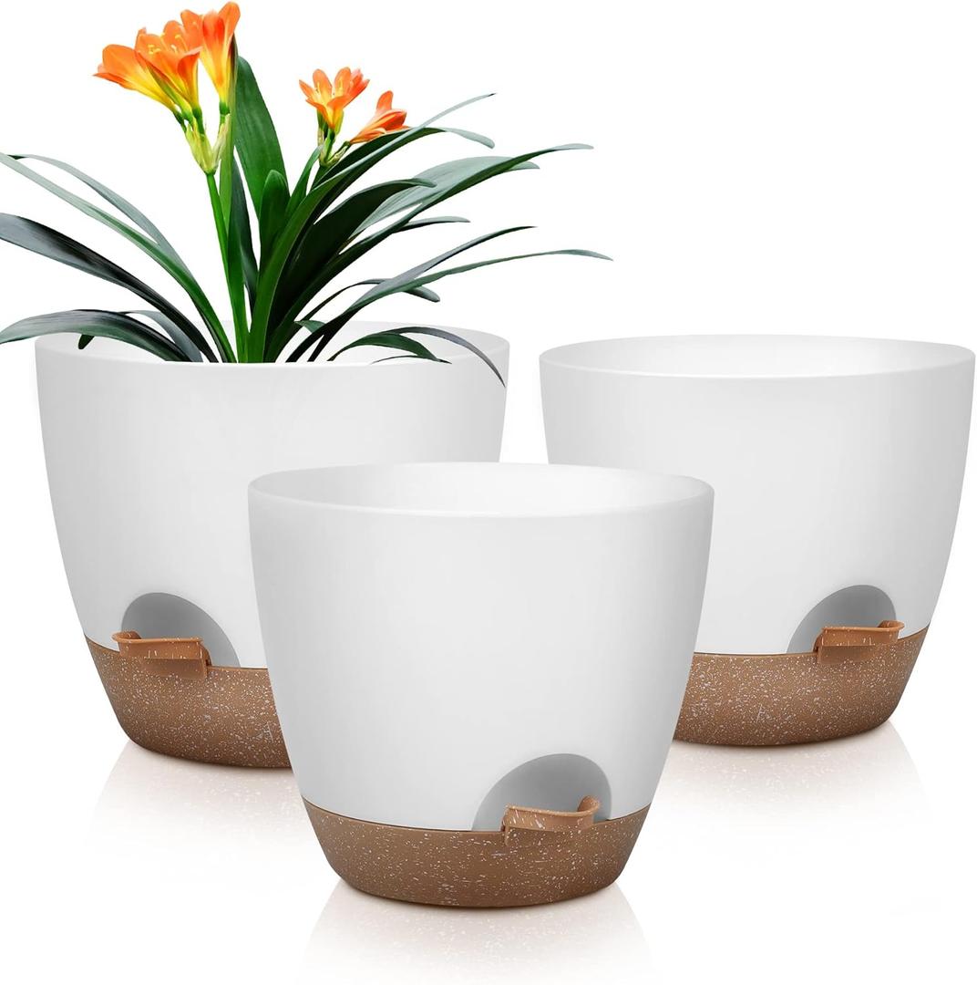 QRRICA Plant Pots 10/9/8 Inch Self Watering Pots, Set of 3 Plastic Planters with Drainage Holes and Saucers,Plastic Flower Pots,Nursery Planting Pot for Indoor Out Door PlantsWhite
