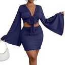 LYANER Women 2 Piece Vacation Outfits Tie Knot Front Bell Long Sleeve Crop Top and Mini Skirt Summer Set Navy Blue XX-Large