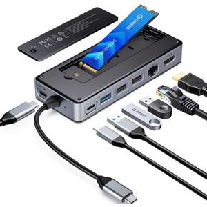 ORICO USB-C Hub with M.2 SSD Enclosure, 8-in-1 USB C Docking Station Fits M.2 NVMe/SATA SSD, 10Gbps, 4K@60Hz HDMI, 100W PD, Ethernet - OM28PR