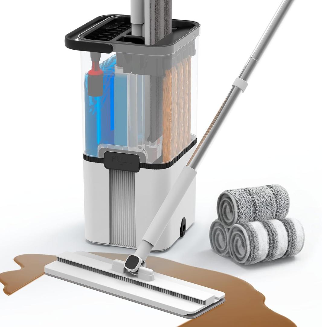 Mop and Bucket Set with Wringer,Separate Clean Dirty Water, Self Wringing Microfiber Dust Flat Mop for Hardwood Floors, Kitchen, Wall Cleaner -with 4 Washable Microfiber Pads