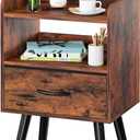 Yoobure Night Stand with Fabric Drawer, Modern Nightstand, Bedside Tables, Mid Century Nightstands with Open Storage Shelf, Wood Bedside Table, Small Night Stands for Bedrooms, 2-Tier Night Table (Berry Brown)