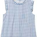 GORGLITTER Women's Gingham Peplum Blouse Top Ruffle Plaid Sleeveless Frilled Collared Tank Top Cute Summer Going Out Outfits Blue and White Large (L)