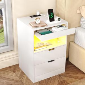 Gadroad LED Nightstand with Charging Station, Bedside Table with USB Ports & Power Outlets, Modern Night Stand with Drawers for Bedroom Small Spaces, White