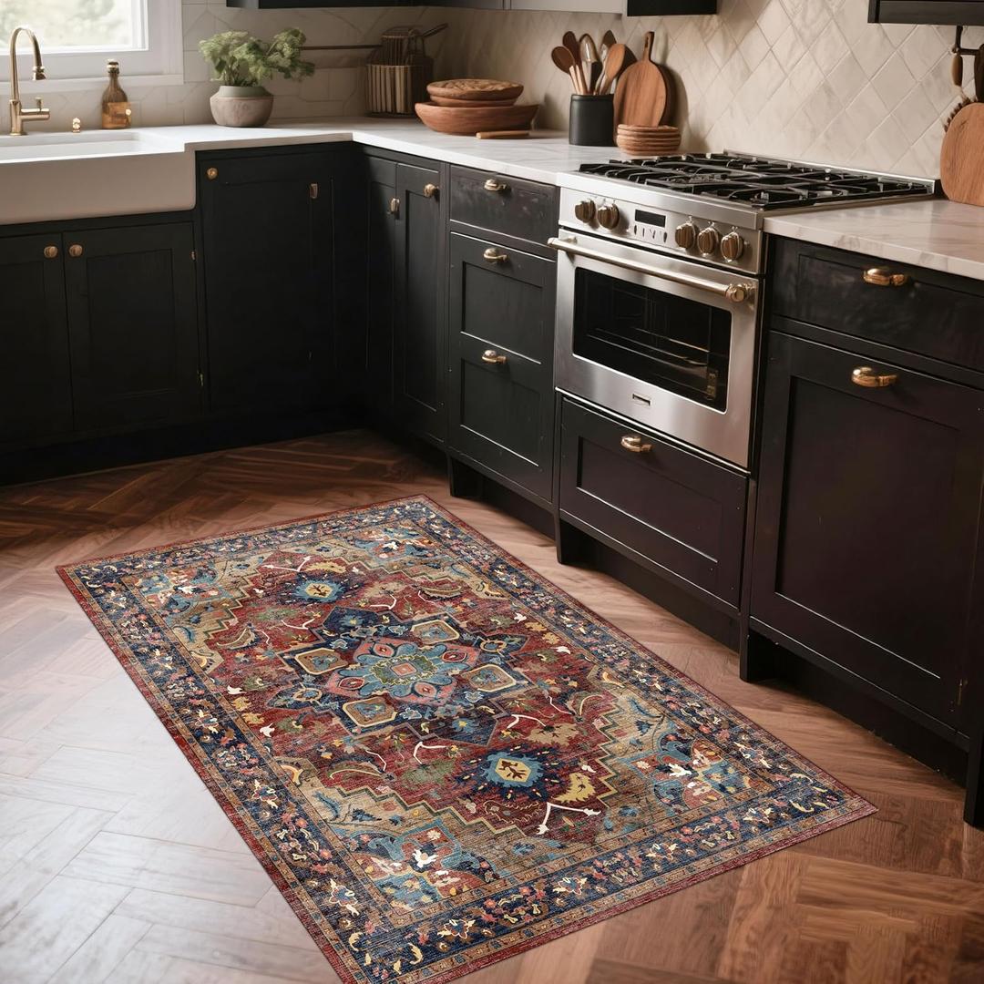 4x6 Washable Area Rug for Living Room, Bedroom & Dining Room - Non-Slip Durable Vintage Retro Carpet with Stain Resistant Easy Clean, Kid & Pet Friendly (Brown/Navy)