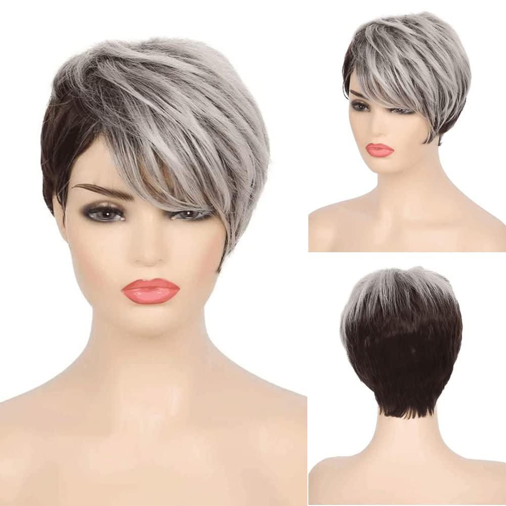 Short Grey Mix Brown Womens Wig with Bangs Pixie Cut Layered Fluffy Hair Synthetic Wigs for Daily Use