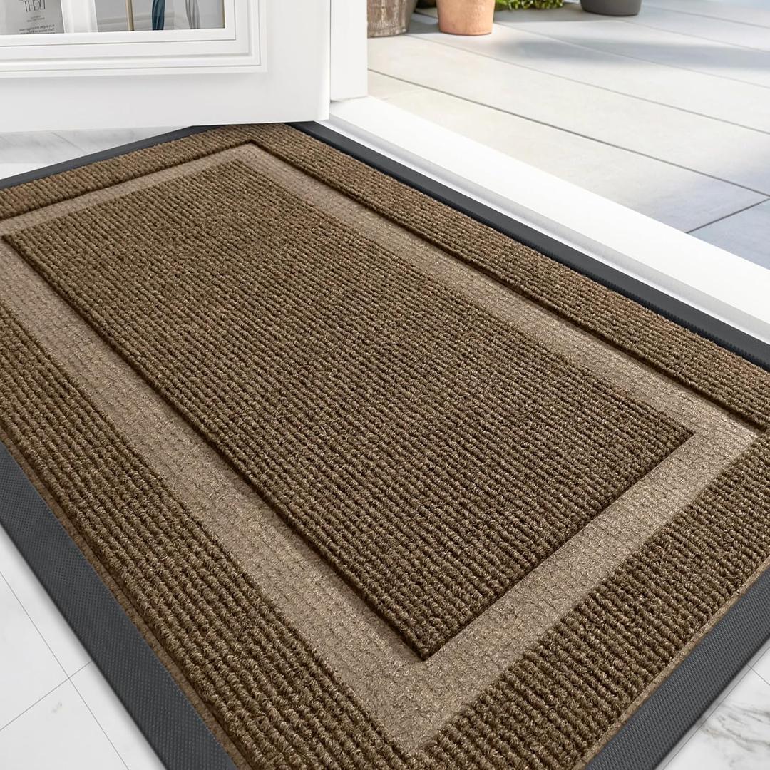 OLANLY Front Door Mat Indoor Outdoor Entrance, Waterproof All-Season, All-Weather Doormat, Sturdy Natural Rubber, Fade Resistant, Low Profile, Easy Clean Patio Porch Entryway Mat, 29.5x17, Brown