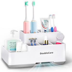 Toothbrush Holder with Anti-Slip, Bathroom Organizer Countertop Detachable for Easy Cleaning, Multifunctional Storage, Bathroom Caddy for Toothpaste, Shaver, Great for Home, Vanity Organizer, Office (White)