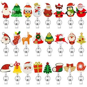 Honoson 20 Pcs Christmas Badge Reel Retractable Holiday Felt Name Badge Holder with Clip Santa Claus Snowman Penguin Elk Gingerbread Man Xmas Tree Holder ID Reels for Teacher Nurse Doctor(Classics)