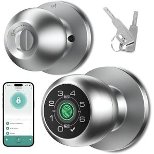 Fingerprint Smart Door Knob with Fingerprint & Keypad, App Controlled Biometric Keyless Entry Door Lock for Bedroom, Storage Room, ApartmentOffice, Hotel (Silver)-HL-8