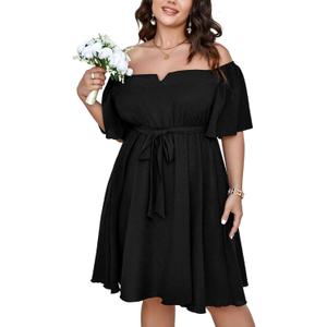 SCOMCHIC Womens Plus Size Cocktail Dress Summer Off Shoulder Short Sleeve Flowy Ruffle A-Line Cute Mini Dress with Belt L
