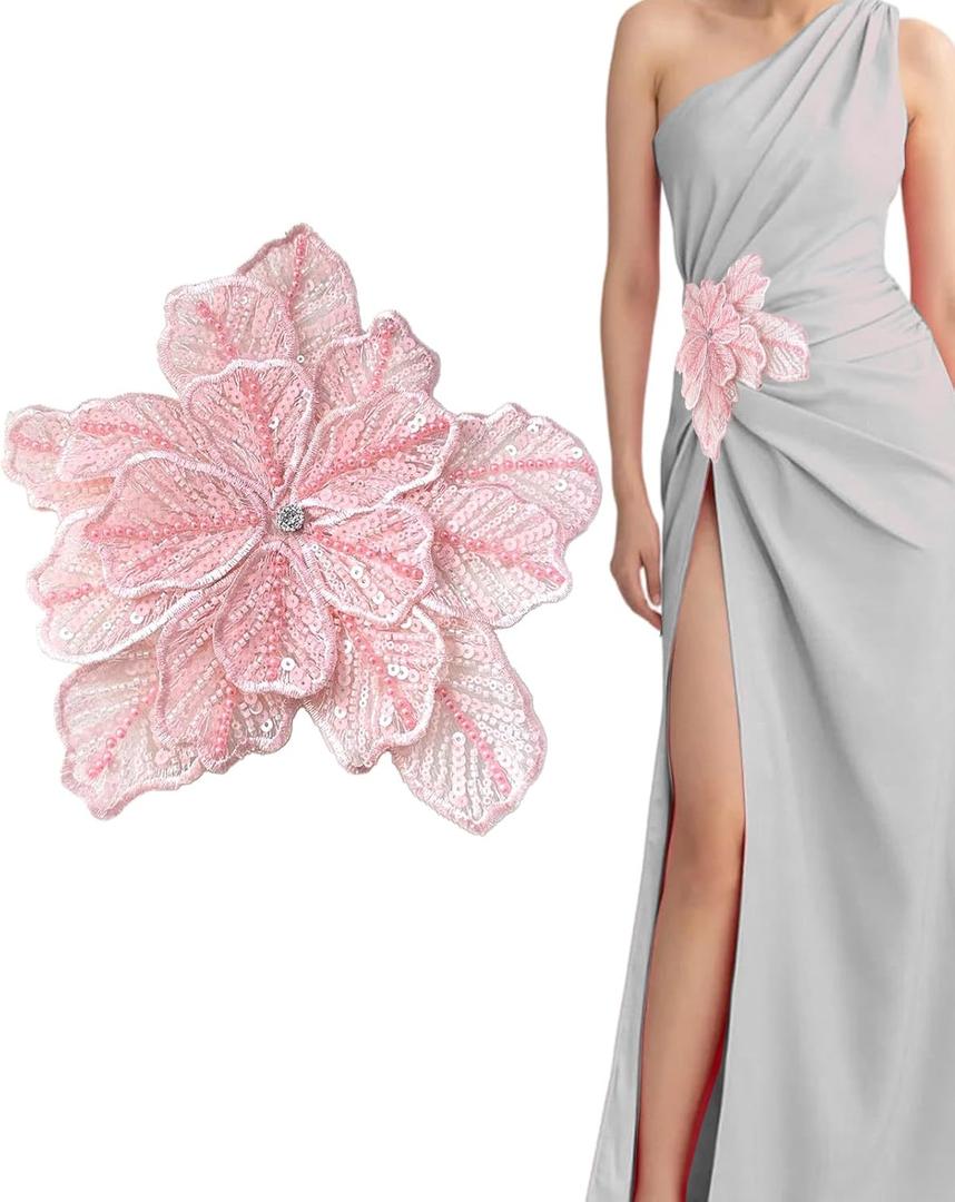 1pc Handmade Large Flower Rhinestone Applique for Clothes, Sparkly Sequin Beaded Patches for Wedding Dress, Embroidery Lace Sewing Patches for Bodice Hat Jean Jacket (Pink)